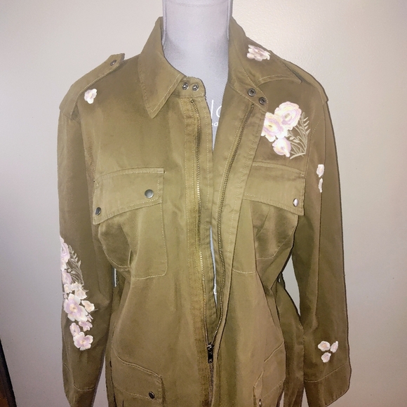 Rebecca Minkoff Franky Olive Green Floral Embroidered Military Jacket Medium - Picture 4 of 11